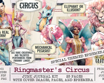 Ringmaster's Circus Junk Journal Kit | Junk Journal Ephemera Pack | Printable Journal Pages | Digital Download Fantasy Dragon Fairy