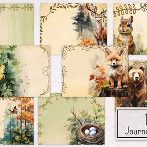 May include: 16 watercolor journal pages featuring woodland animals and nature scenes. The pages include a dragonfly, butterflies, a fox, a bear, a deer, a squirrel, and a bird's nest.