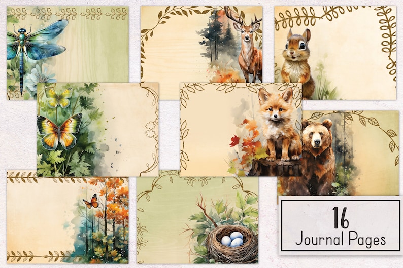 May include: 16 watercolor journal pages featuring woodland animals and nature scenes. The pages include a dragonfly, butterflies, a fox, a bear, a deer, a squirrel, and a bird's nest.