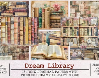 Dream Library Junk Journal Paper | Books Junk Journal Kit JPG + PDF | Afdrukbare dagboekpagina's | Digitaal papier kortstondig | Academie: