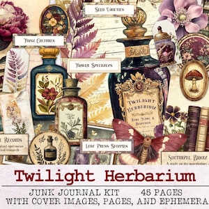 Twilight Herbier de 45 pages pour carnet de notes botaniques d'apothicaire | JPG PNG PDF Pack éphémères | Téléchargement numérique