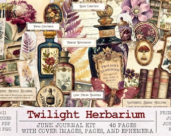 Twilight Herbarium 45 Page Botanical Apothecary Junk Journal Kit | JPG PNG PDF Ephemera Pack | Digital Download