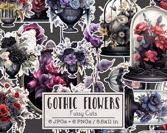 Gothic Flowers Fussy Cuts Printable Sticker Sheets | Halloween Junk Journal Kit | Scrapbooking Ephemera Halloween Spooky