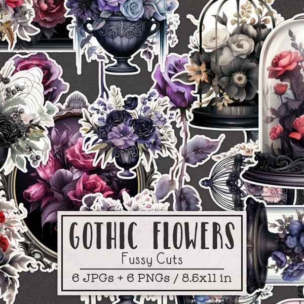 Gothic Flowers Fussy Cuts Printable Sticker Sheets | Halloween Junk Journal Kit | Scrapbooking Ephemera Halloween Spooky