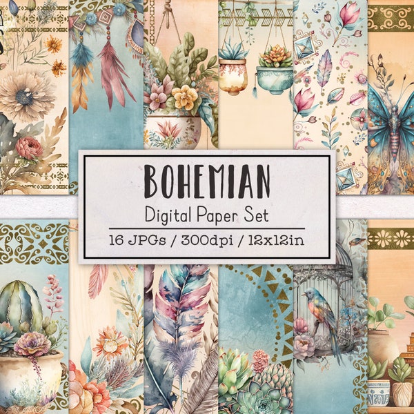 Bohemian Boho Digital Papers | Digital Paper Pack | Printable Scrapbook Ephemera | Watercolor Bohemia