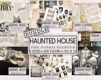 May include: A digital collage kit for junk journals featuring a haunted house theme. The kit includes 8 kits, 100 pages, and measures 8.5 x 11 inches. The image shows a variety of digital papers, ephemera, and embellishments.