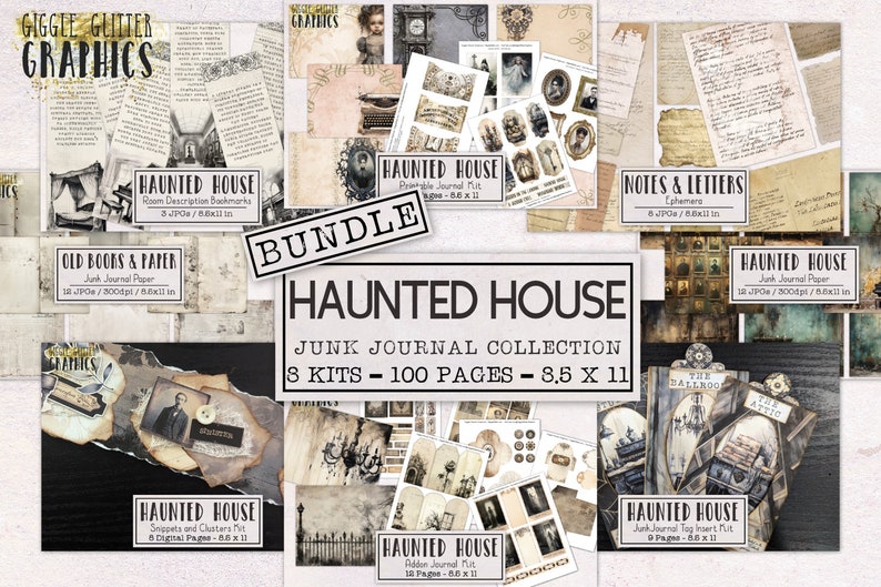 May include: A digital collage kit for junk journals featuring a haunted house theme. The kit includes 8 kits, 100 pages, and measures 8.5 x 11 inches. The image shows a variety of digital papers, ephemera, and embellishments.