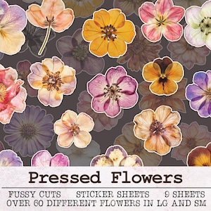 Geperste bloemen fussy cuts afdrukbare stickervellen | Junk Journal Kit JPG PNG PDF | Tijdelijke plakboeken