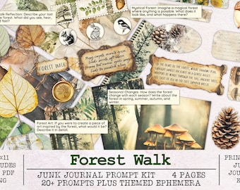 Podpowiedzi do dziennika Forest Junk | Zestaw do prowadzenia dziennika i kreatywnego pisania | Zestaw do dziennika Junk | Do wydrukowania w formacie JPG + PNG + PDF | Ponad 20 podpowiedzi z materiałami ulotnymi