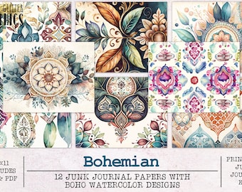 Boho junk-dagboekpapier | Junk Journal Kit JPG + PDF | Afdrukbare dagboekpagina's | Digitaal papier kortstondig | Bohopatronen