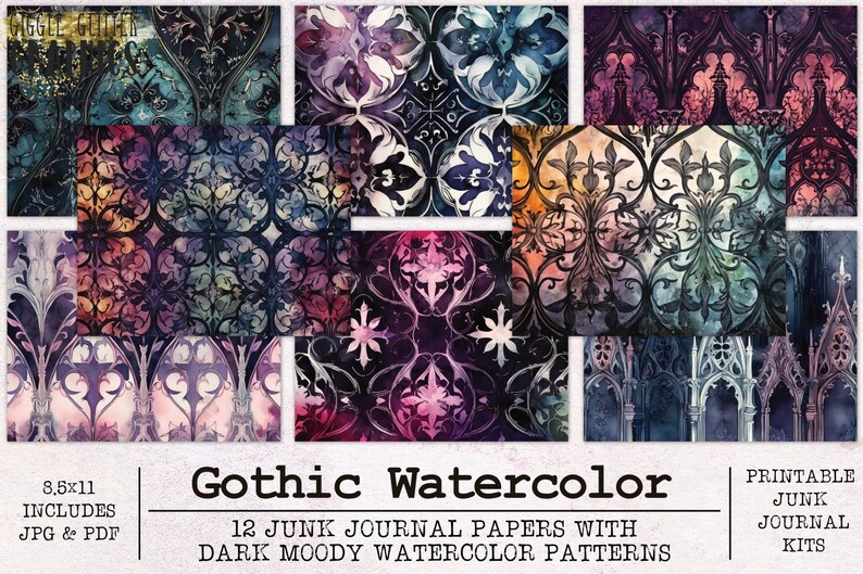 Op de afbeelding: Twaalf digitale papieren met gotische waterverfpatronen in tinten paars, blauw en zwart. De papieren zijn 8,5 inch bij 11 inch en zijn beschikbaar in JPG- en PDF-formaten. De tekst "Gothic Watercolor" staat in het midden van de afbeelding.
