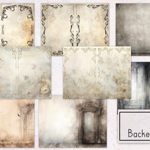 May include: Set of eight vintage-style digital paper backgrounds with distressed textures, floral patterns, and ornate frames.  The backgrounds are in shades of beige, brown, and gray.  The text "8 Backer Pages" is visible in the lower right corner of the image.