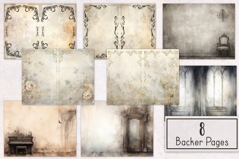 May include: Set of eight vintage-style digital paper backgrounds with distressed textures, floral patterns, and ornate frames.  The backgrounds are in shades of beige, brown, and gray.  The text "8 Backer Pages" is visible in the lower right corner of the image.