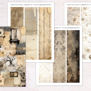 May include: A digital collage sheet with 12 printable images in a vintage style. The images include floral patterns, old paper textures, sheet music, and a window with a view of a house.