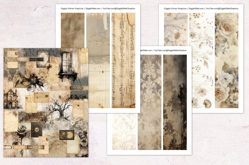 May include: A digital collage sheet with 12 printable images in a vintage style. The images include floral patterns, old paper textures, sheet music, and a window with a view of a house.