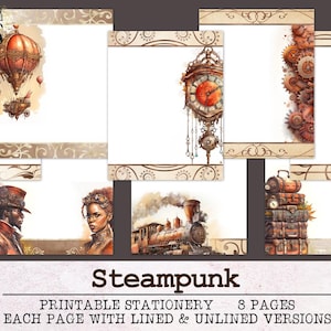Papelería Steampunk / Papel para escribir con y sin líneas JPG PDF / Papel digital para escribir cartas / Papel para diario Relojes con globos aerostáticos