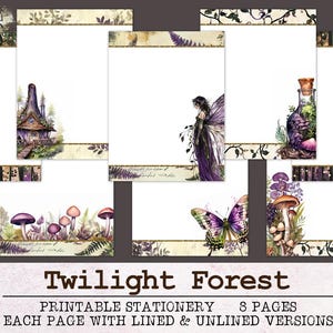 Briefpapier Twilight Forest | Ongevoerd en gelinieerd briefpapier JPG PDF | Digitaal papier voor brieven | Junkjournaal Fantasie Natuur Fee