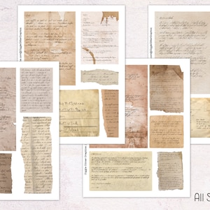 May include: A set of 10 vintage-style paper sheets with handwritten text and aged edges. The sheets are 8.5 x 11 inches and have a distressed, antique look.