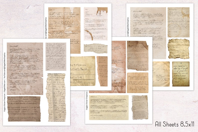 May include: A set of 10 vintage-style paper sheets with handwritten text and aged edges. The sheets are 8.5 x 11 inches and have a distressed, antique look.