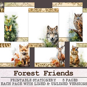 Forest Friends Stationery | Papel de carta pautado e sem pauta JPG PDF | Papel digital para escrita de cartas | Diário Árvores Natureza Animais