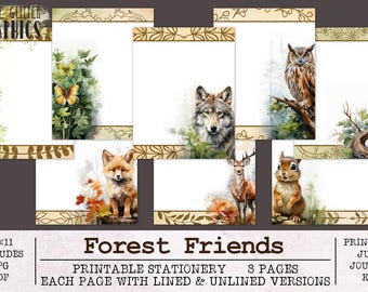 Forest Friends Stationery | Unlined and Lined Writing Paper JPG PDF | Digital Paper for Letter Writing | Journal Trees Nature Animals