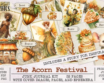 May include: A digital printable junk journal kit with 32 pages featuring autumnal illustrations. The kit includes images of a fairy, a squirrel, a mouse, a cupcake, a cake, a shop, and an acorn. The kit is titled "The Acorn Festival".