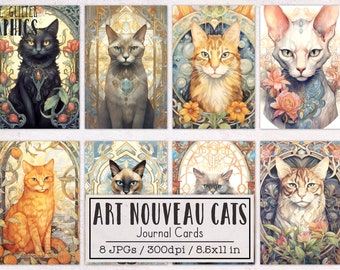 Art Nouveau Cats Journaling Cards for Junk Journals | Pet Junk Journal Kit | Printable Journal Digital Download Animal