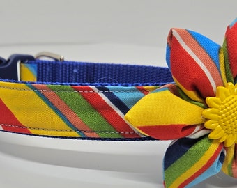 Dog collar with bow multi colored stripes
