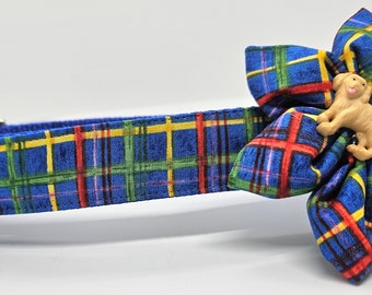 Dog collar with bow blue plaid