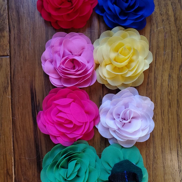 3" Chiffon Flowers with hook and loop fastener - Set of 3 flowers. Your color choice.