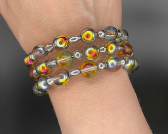 Glass bead wrap bracelet - rainbow silver glass beads, silver-toned metal beads, steel memory wire