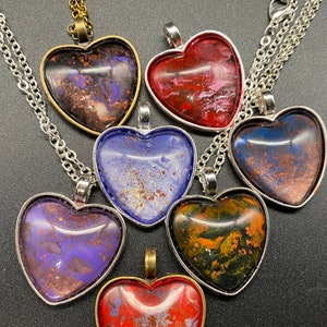 Hand-painted, heart necklaces w/ iron oxide, silver & brass settings, lots of colors, makes a great gift!