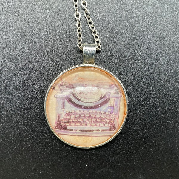 Iron oxide typewriter necklace - collage, silver, writer, available in silver, gold or brass