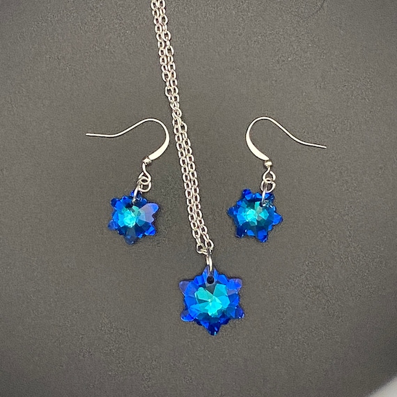 Glass Star Necklace-earring Set Blue Glass, Silver-toned Setting
