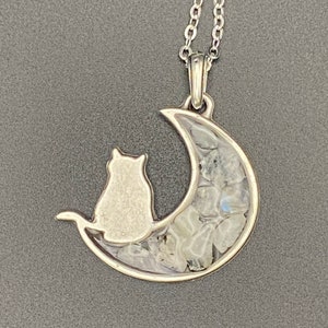 Back in stock!! Moonstone cat & moon pendant, silver