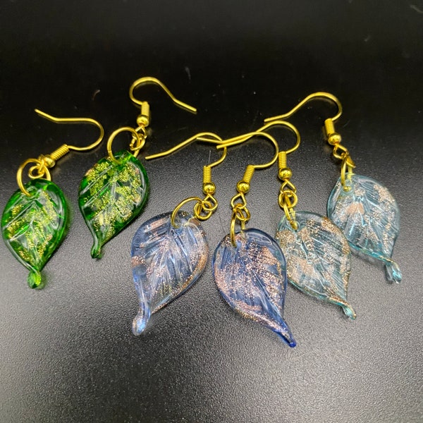 Glass leaf earrings - green, blue, light blue with gold shimmer