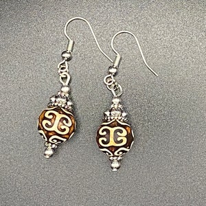 Stone ball earrings -  painted, brown, white, silver-toned setting