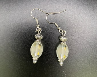 Glass oval earrings  - faceted, white/clear, silver-toned setting