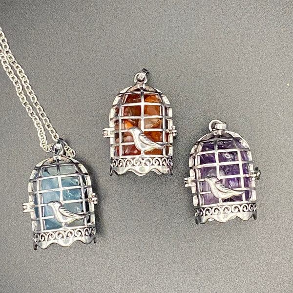 Birdcage gemstone lockets - silver with amethyst, aquamarine or carnelian