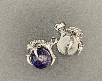 Dragon claw crystal ball necklace - silver with clear quartz or amethyst