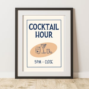 Bar Cart Print, Happy Hour Sign, Retro Art Print, Mid-Century Decor, Trendy Keukenkunst, Vintage Drink Poster, Bar Accessoire, Handletters