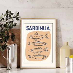 Stampa retrò di sardine, arte della cucina vintage, poster di cibo con lettere a mano, illustrazione di pesce in scatola, regalo per gli amanti del cibo alla moda, vecchio segno del mercato del pesce