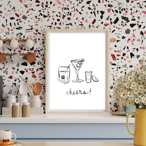 Na zdrowie Koktajl Druk, Dekoracja wózka barowego, Grafika liniowa Druk, Minimalistyczna estetyka, Modna sztuka ścienna do kuchni, Cyfrowy plakat z drinkiem, Akcesoria do baru