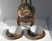 Vintage Japanese Satsuma Porcelain Cups and Saucers gold gilding decoration Vintage Collectibles Hand painted embossed