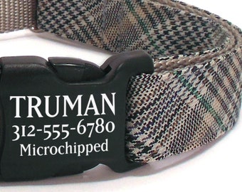 Personalized Dog Collar - Laser Engraved Dog Collar in a Black and Tan Plaid - ID Buckle Dog Collar