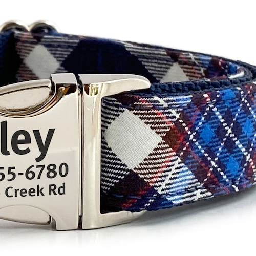 Personalized Dog Collar Navy Blue Plaid With Laser Engraved Etsy