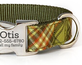 Personalized Plaid Dog Collar in Olive Green, and Dark Orange - Name Dog Collar with Engraved Buckle - ID Dog Collar - Dog Collar for Fall