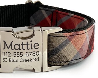 Personalized Red, Gray, and Black Classic Plaid with Laser Engraved Buckle - ID Dog Collar - Dog Collar Personalization -