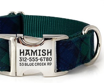 Personalized Dog Collar in a Navy and Spruce Plaid with Engraved Buckle - Green and Blue Tartan - ID Dog Collar - Name Dog Collar