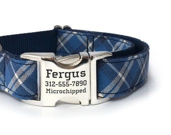 Personalized Dog Collar Navy Blue Plaid with Laser Engraved Buckle - ID Dog Collar - Name Dog Collar